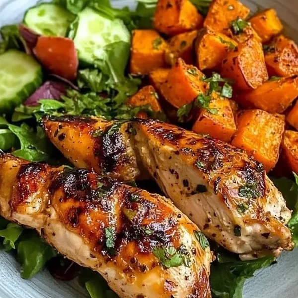 Pollo a la plancha con vegetales asados y ensalada