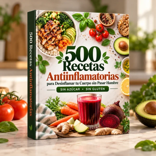 Libro 500 Recetas Antiinflamatorias de pie sobre una mesa de mármol con tomates, palta y jugo de remolacha