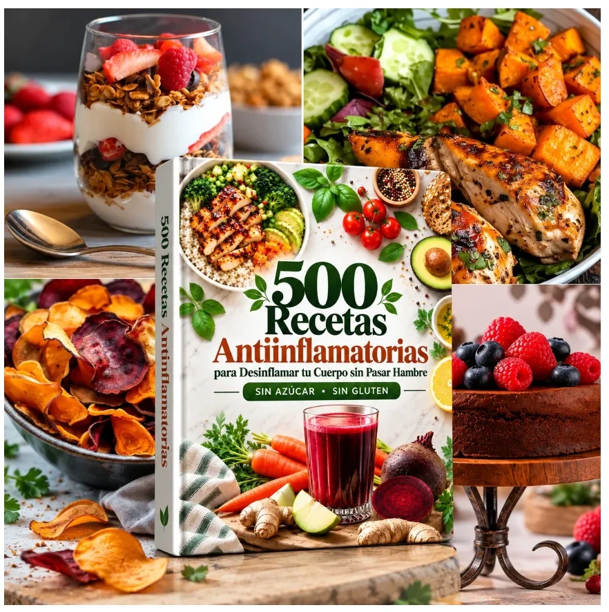 500 Recetas Antiinflamatorias: portada del recetario junto a yogur con frutas, pollo a la plancha con ensalada y chips vegetales